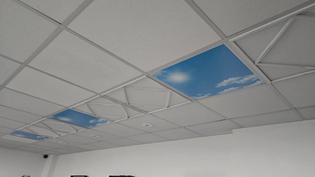 Suspended ceiling tiles and light panels fitted in a room